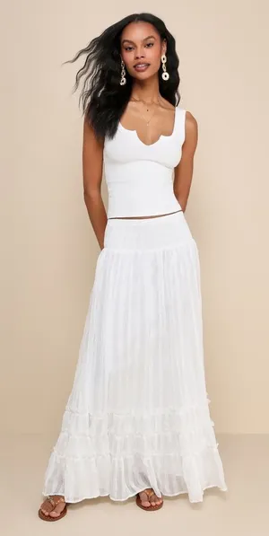 New Lulus Sunny White Smocked Tiered High-Waisted Midi Skirt Size Small MSRP $59 thumbnail 1