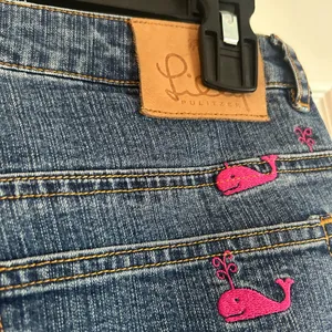 Vintage Lily Pulitzer blue mid rise boot cut jeans size 2 pink whale nautical thumbnail 4