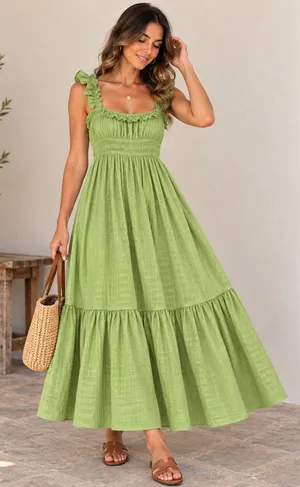 Kingston Grey Sage Green Ruffle Smocked Tiered Midi Dress Cottagecore Boho Large thumbnail 1