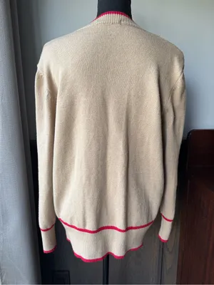 Beige Cardigan with Pink Trim V thumbnail 4