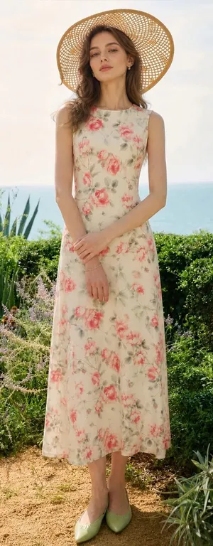 Rihoas Floral Sleeveless Maxi Dress — Pink Rose on Cream thumbnail 1