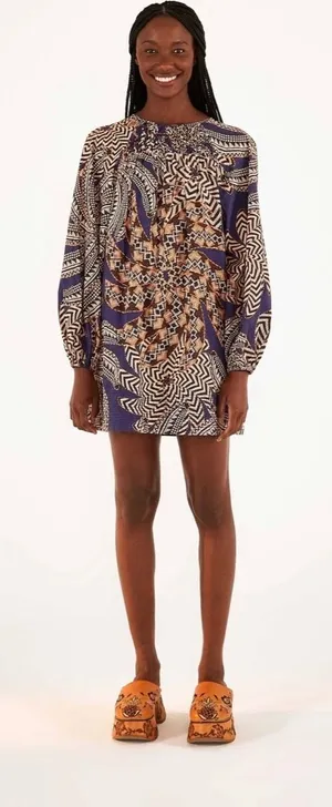 Farm‎ Rio Smocked Geometric Print Beaded Cotton Mini Dress Small Boho Abstract thumbnail 1