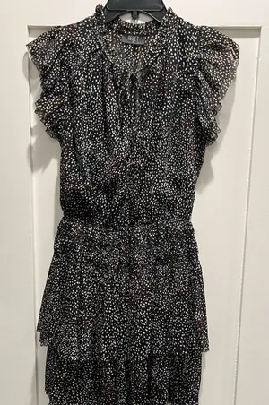 Black with white polka dots mini dress with ruffles, size M thumbnail 1