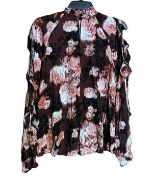 Maurices Top Large Multicolor Abstract Boho Mock Neck Cold Shoulder Ruffles thumbnail 5
