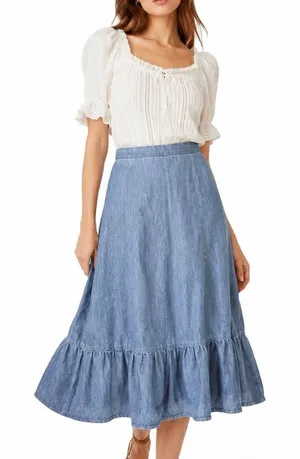 Handmade‎ Chambray Ruffle Hem Flowing Midi Skirt Western Boho Romantic Denim Blue thumbnail 1