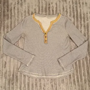 Hem & Thread Womens‎ Blue Waffle Knit Henley Thermal Long Sleeve Mustard Trim M thumbnail 2