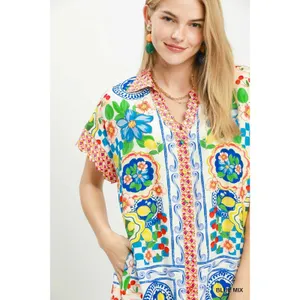Umgee Mediterranean Print Dress with Contrast Printed Trim - Blue Mix - Small thumbnail 5
