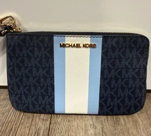 Michael Kors Jet Set Travel Large Top Zip Wristlet Navy Blue White Gold Purse thumbnail 1
