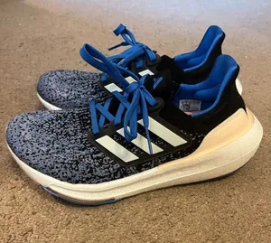 adidas Ultraboost Black & Blue Knit Athletic Sneakers with White Stripes thumbnail 1