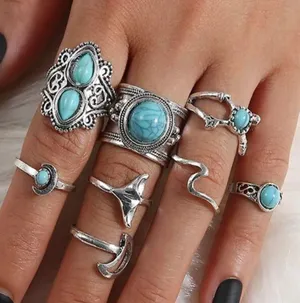Native American Mermaid Turquoise silver ring set thumbnail 1