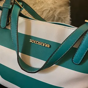 Secosana Teal Stripe Tote Bag | Large Shoulder Purse Travel Beach Work thumbnail 5