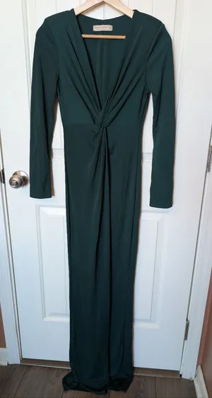 Rinascimento Formal Twist Front Long Sleeve Maxi Dress XSmall Dark Green thumbnail 1