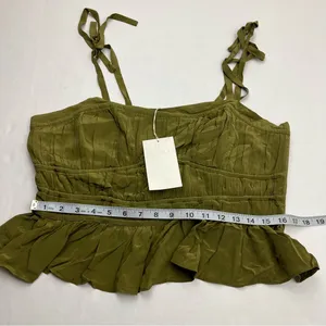 Ulla Johnson Nora Tie Shoulder‎ Silk Peplum Top Size 12 Olive Green Milkmaid NEW thumbnail 10