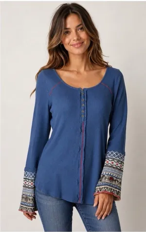 Sundance Henley Top Women medium Blue Boho Embroidered Waffle Knit Gorpcore thumbnail 1