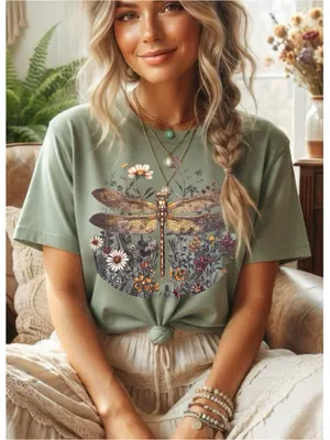 Gildan Botanical Dragonfly Graphic Oversized Tee Shirt Vintage Style Sage Womens Large thumbnail 1