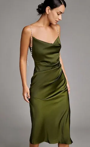 Elegant Olive Green Satin Dress thumbnail 2