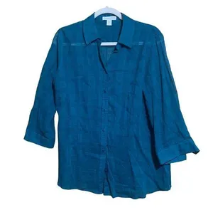 Coldwater Creek Womens Size Large 14 Blue Button Up Printed Cotton Blouse Top thumbnail 1