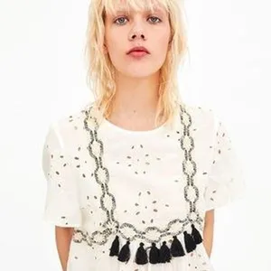 Zara TRF White‎ Eyelet Embroidered Cotton Tassel Boho Blouse XS NWT thumbnail 3