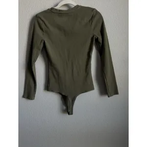 Nuuds Long Sleeve Cotton Jersey Crew Neck Thong Style Bodysuit Dark Olive Size M thumbnail 2