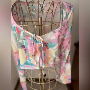 Princess Polly Sheer Floral Tie Front Crop Top Size 6 Pink thumbnail 5