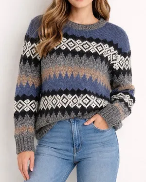 Evereve Fair Isle Fuzzy Knit Sweater Blue Gray Black Nordic Cozy Winter M thumbnail 1