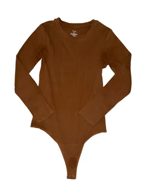 nuuds Long Sleeve Ribbed Crewneck Bodysuit L Brown Cotton Thong Snap thumbnail 1