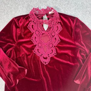 Entro Velvet Mini Dress Women's Small Red Lace Neck Scallop Hem 3/4 Sleeve thumbnail 3