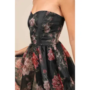 NWT Lulus Truly Extraordinary Black Floral Organza Strapless Maxi Dress Tube S thumbnail 6