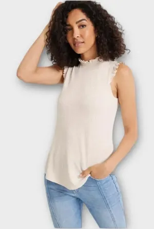 Maurices NWT Beige Tan Vineyard Ribbed Sleeveless Ruffle Trim Tank Top Shirt thumbnail 1