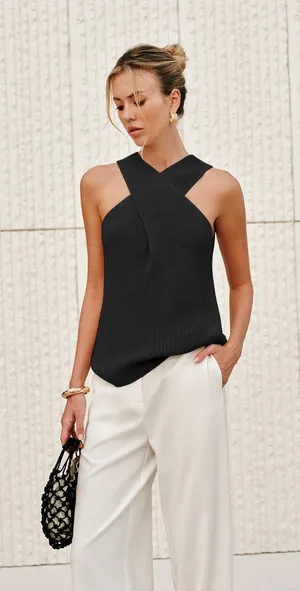CoMMENSE Halter Cross-Over Collar Tank Top COLOR - Black, Size Small NWT thumbnail 1