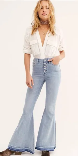 FREE PEOPLE We The Free Irreplaceable Kent Blue High Rise Flare Wide Leg Jeans thumbnail 1