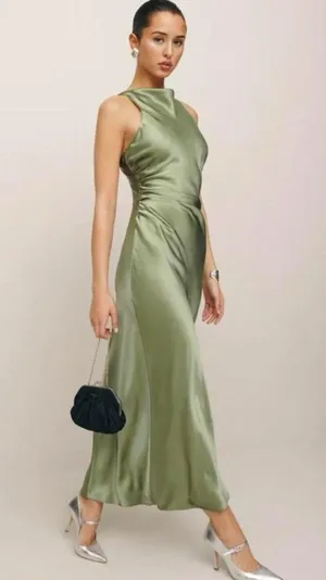 Reformation 100% silk cassette Dress in artichoke NEW thumbnail 7