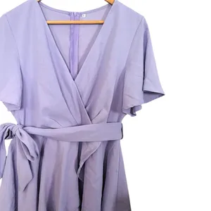💥 Cosonsen Lavender Purple V-Neck Ruffled Mini Swing Dress thumbnail 2