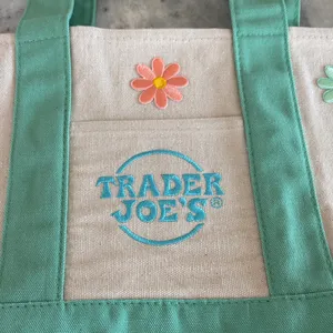 Trader Joe's Mint Green and Cream Canvas Tote with Floral Embroidery thumbnail 2