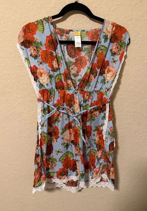 Agua Bendita Light Blue Floral Lace-Trim Tie-Waist Coverup thumbnail 1