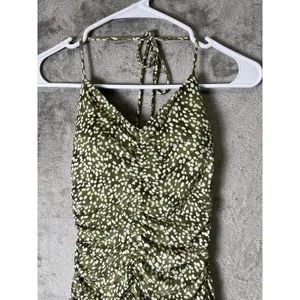 Vintage Y2K Olive Green‎ Ruched Halter Midi Dress Polka Dot Slip Dress Small thumbnail 2
