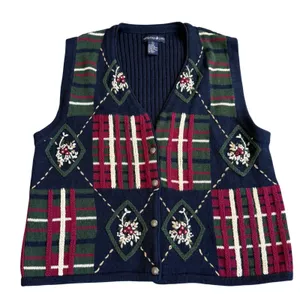 Mountain Lake Sweater Vest Womens Large Vintage Plaid Floral Embroidered Granny thumbnail 1