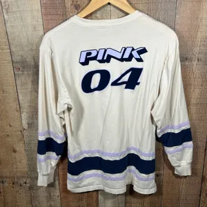 Victoria's Secret PINK Long Sleeve Campus Tee Purple Navy Stripe Small Dog Logo thumbnail 6