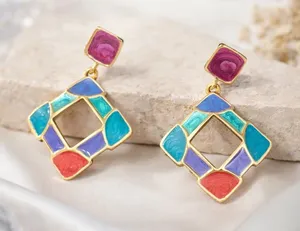 Vibrant Multi Color Resin Gripoix Cabochon Gold Plated Pierced Earrings. thumbnail 1