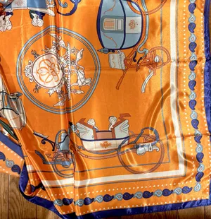 Vintage Equestrian HORSE&CARRIAGE print orange/blue oversized silky Scarf 35/35 thumbnail 18