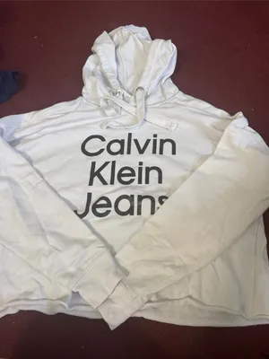 Calvin Klein Jeans Women’s Cropped White Hoodie with Black Logo thumbnail 1