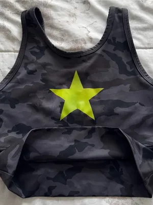 Strut dark grey Camo Sports Bra Top with Yellow Star, size XS athletic workout thumbnail 8