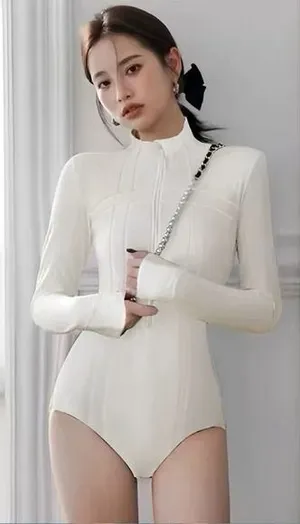 White Zip Front Long Sleeve One Piece Swimsuit Bodysuit Fits S‎ thumbnail 1