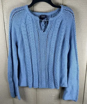 Vintage American Eagle Sweater Womens XL Blue Cable Knit Flare Sleeve Fisherman thumbnail 1