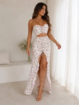 Floral Two-Piece Crop Top and Ruched Maxi Skirt Set NWT thumbnail 4