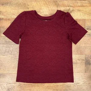 Loft Women's Jacquered Floral Patterned Short-sleeve Burgundy Crewneck Top thumbnail 1