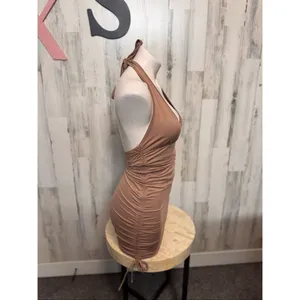 Tan Beige Deep V-Neck Ruched Drawstring Halter Backless Mini Dress XS thumbnail 4
