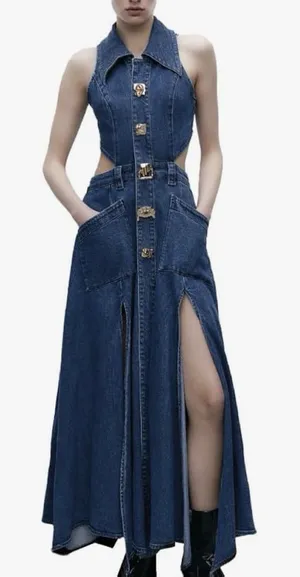 URBAN REVIVO Women's Cutout Sleeveless Lapel Denim Maxi Dress Size US‎ 6 Buttons thumbnail 1