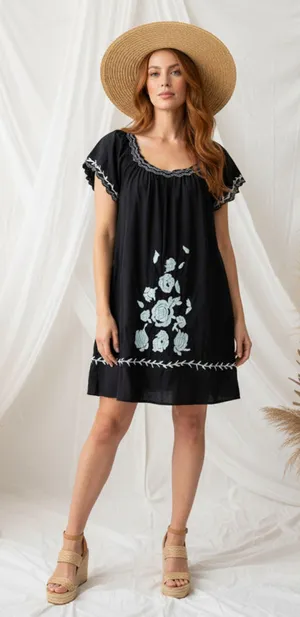 Cute Option Bohemian Black Lined Crepe Embroidered Mini Dress Size L thumbnail 1