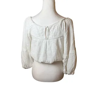 Free People White Gauzy Off‎ Shoulder Cropped Top XL Extra Large Bohemian Boho thumbnail 3